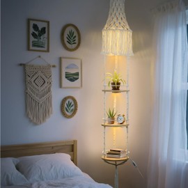 MSFON Macrame Hanging Plant Shelf with Grow Lights – 3 Tier Boho Floating Shelves with 3-Head Full Spectrum Grow Lights for Indoor Plants Display Rack Boho Home Decor