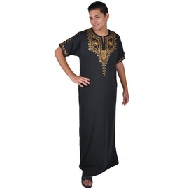 Egypt Bazar Modern Men's Caftan Black with White or Gold Embroidery, black/gold