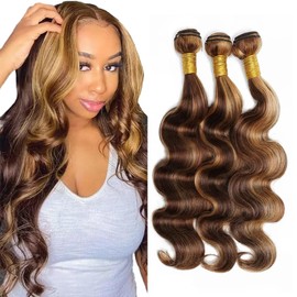 Highlight Human Hair Bundles 22 24 26 Inch P4/27 Ombre Two Tone Brown and Blonde Body Wave Bundles Double Weft Brazilian Hair Extensions