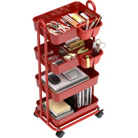 Simple Houseware 4-Tier Multifunctional Rolling Utility Cart with Hanging Buckets, Red