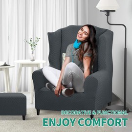 YEMYHOM 1 Piece Stretch Wingback Chair Slipcover Latest Jacquard Design Wing Chair Cover Non Slip Furniture Protector with Foam Rods for Living Room (Wing Chair, Dark Gray)
