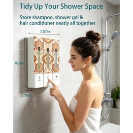 Boho Shampoo and Conditioner Dispenser 3 Chamber Wall Mount Shower Set No Drill Wall Mounted, ABS Plastic Refillable Body Wash & Soap Dispenser Set, Bathroom Shower Organizer, Bohemian Decor