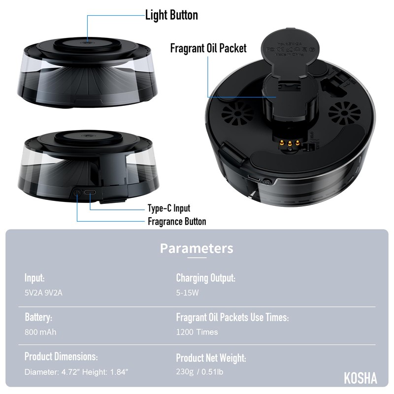 KOSHA Automobile Aroma Diffuser with LED Lights, Portable Car Air