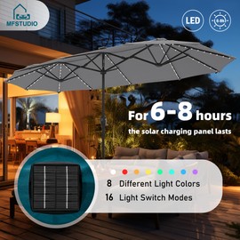 MFSTUDIO 13FT Patio Umbrella with Solar Lights, Double-Sided Outdoor Table Rectangular Umbrellas with 120 LED Lights, Hand Crank for Lawn Backyard Pool, Smoky Gray