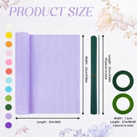 12 Colors Crepe Paper Rolls, Rainbow Crepe Paper for Flower Making Kit Papel Crepe with Floral Iron Wire and Tape for DIY Gift Wrapping Paper Crafts Streamers Piñatas (9.8 x 98 Inches)