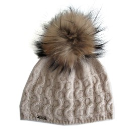 Frost Hats Cashmere Cable Hat with Detachable Genuine Raccoon Fur Pom CSH-735SRN Beige