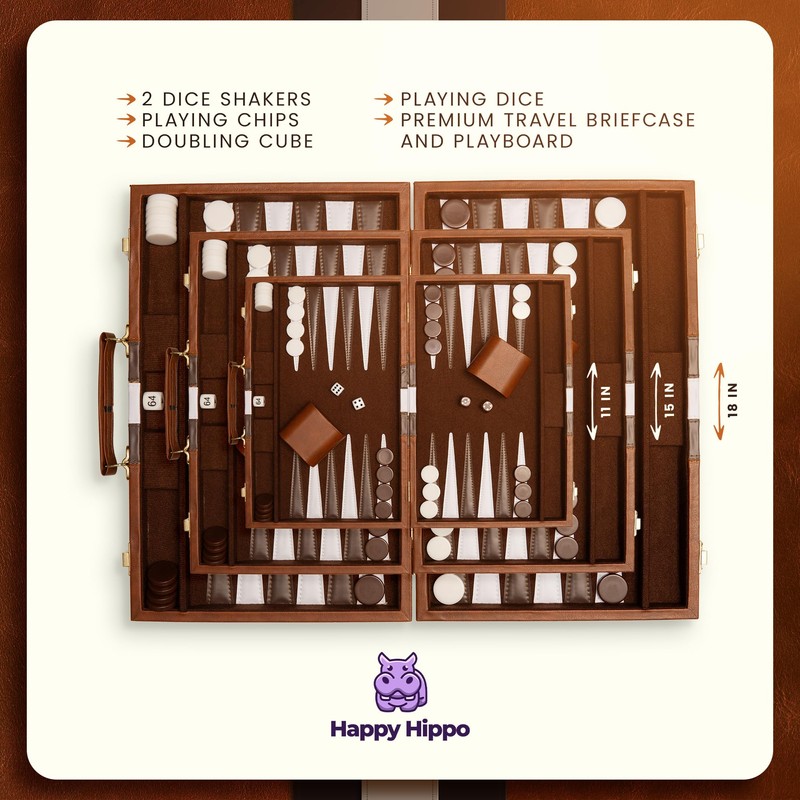 Backgammon Board Game, Deluxe Leather Like Case, Felt Interior, Brown,