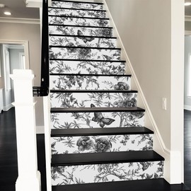 REDAMANCY Vintage Black and White Butterfly Flowers Peel and Stick Vinyl Stair Riser Decals Staircase Tile Stickers Decor Modern Marble Decoration Self-Adhesive(14 Pcs)