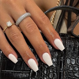 White Press on Nails Medium Coffin Fake Nails Press ons, KXAMELIE Full Cover False Nails Tips Medium Length Glue on Nails Natural Thick Long Acrylic Nails 24Pcs Solid Color Coffin Nails for Women