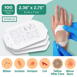 Everlit Care Transparent Film Dressing, Large Waterproof Adhesive Patch | Window Frame Wound Cover for Post Surgical Shower, IV Shield, Tattoo Aftercare Bandage (2.36" x 2.75" | 100 Pack)