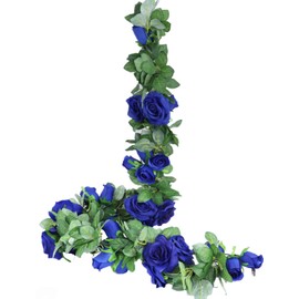 LNHOMY 13 FT Artificial Rose Vine Flowers Fake Rose Garland Flower Silk Hanging Ivy Plants for Home Wedding Party Garden Arch Garden Wall Décor ,2 Pack, (Blue)