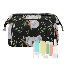 Kjovgcb Women Wave Quilt Cosmetic Bag, Zipper Toiletry Storage 10.2x5.9x6.7 in, Pouch Handbag Makeup Case Purse Holder Organizer Print Grey Sleeping Koala Bear on Tree Trunk Green Leaves