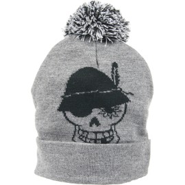 Wiesnrocker Bobble Hat in 3 Colours (Grey, Red, Green) With Skull Embroidery on the Front and Lettering on the Back. One Size, Unisex, grey/black
