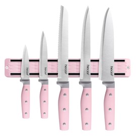 hecef Knife Magnetic Strip with 5-Piece Sharp Kitchen Knife Set, 33 cm Magnetic Knife Holder with Stainless Steel Knife Set, Magnet for Knives (Pink)