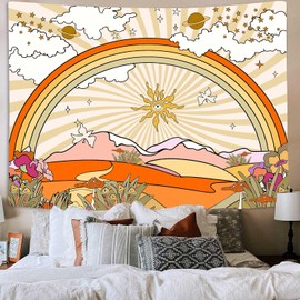 TPMDFC Retro 70s 60s Groovy Tapestry, Vintage Flowers Clouds Sun and Rainbow Tapestry Wall Hanging Funky Hippie Boho Aesthetic Tapestry for Bedroom Living Room Dorm Decor (80" x 60")