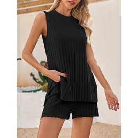 Tankaneo Womens 2 Piece Summer Outfits Knit Sweater Sets Sleeveless Ribbed Tunic Tops and Shorts Vacation Beach Lounge Set, Black, Small
