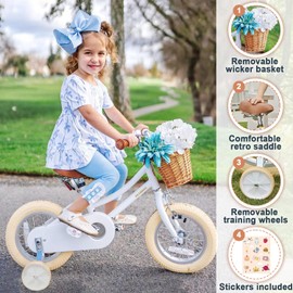 Petimini 12 Inch Kids Bike for Age 2 3 4 Years Old Little Girls Toddlers Retro Vintage Style Bicycles with Basket Training Wheels and Bell, White