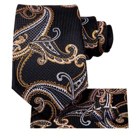 Hi-Tie Silk Paisley Ties for Men Necktie Pocket Square Cufflinks Set Foral Tie Sets Formal Business,Gold Black