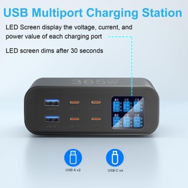 365 W USB C Charger Multiple with LED Display, YSYFAD 6-Port GAN USB Charging Station PD USBC Power Supply QC USBA Fast Charging Power Charger Type-C 100 W Charger for MacBook Laptops i Phone Pad
