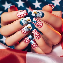 24 Pcs Medium Square Press on Nails 4th of July Fake Nails USA Flag Eagle Pattern False Nails Red Blue Full Cover Glossy Glue on Nails Reusable Acrylic Nails for Women Independence Day Manicure Art