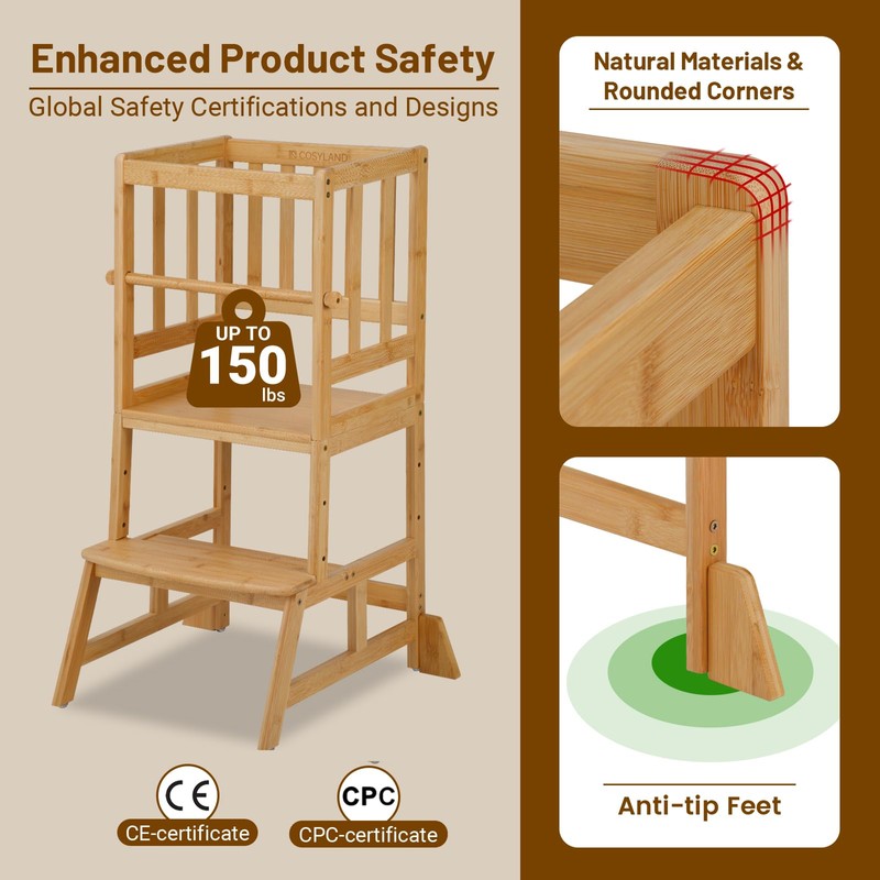 COSYLAND Toddler Standing Tower - Adjustable Height Toddler Kitchen Stool