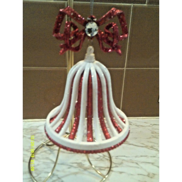 KURT ADLER 5.5" WHITE & RED GLITTERED BELL WITH RED
