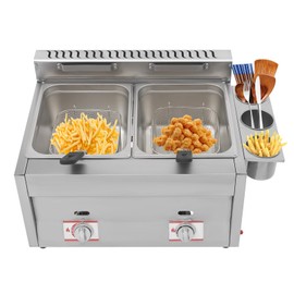 Stainless Steel 10L*2 Commercial Gas Deep Fryer - Dual Tank LPG Gas Countertop Fryer Machine for French Fries, Restaurant & Home Kitchen