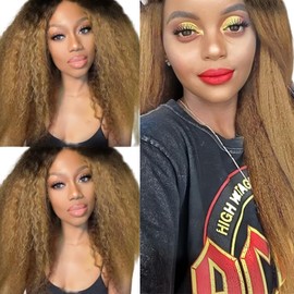 Honey Blonde Kinky Straight Bundles Human Hair 1B27 Yaki Bundles 22 24 26 Inch Niegmeag Hair 2 Tone Black and Blonde Bundle Double Weft 1B27 Hair Weave