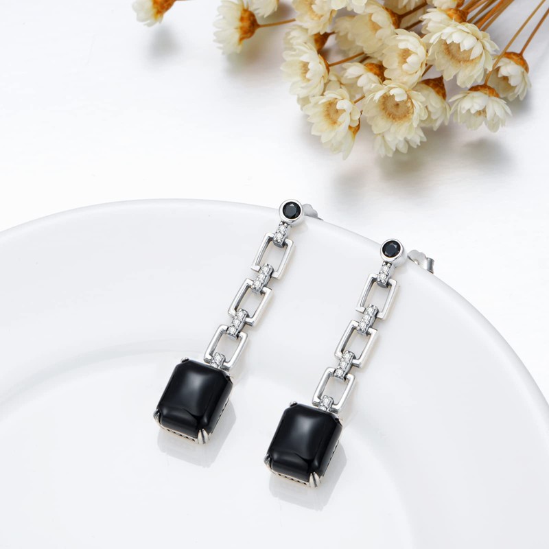 Earrings Onyx Black 925 Sterling Silver Chain Links Dangle Drop