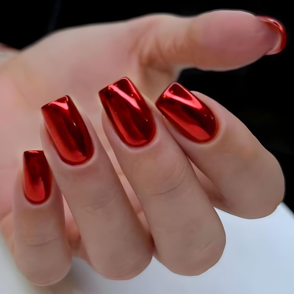 Red Square Press on Nails Short Mirror Glossy Fake Nails