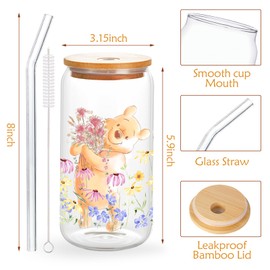 wjrsxilt Classic Pooh Frosted Cups, Honey Bear Cup Gift for Women, Gifts for Women, Winnie Glass Cups with Lid,Pooh Glass Tumbler & Water Honey Gift For Best Friend 16oz