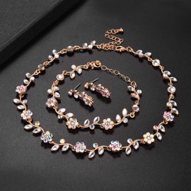 LUX ACCESSORIES Rosegold Marquise Pearl Floral Necklace Bracelet Earring Set