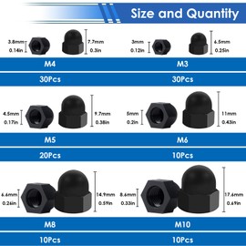 smseace 110Pcs 6-Sizes Hex Acorn Cap Nuts Assortment Kit - M3/ M4/ M5/M6/M8/M10 Bolt Cover Caps for Protection, Indoor and Outdoor Nylon Screw Covers