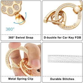 OHKYOOT Wristlet Keychain,Wrist Keychain,Key Wristlet Car Key Chain with 5 Key Rings,Anti-Lost D Ring and Cat Keychain (White)