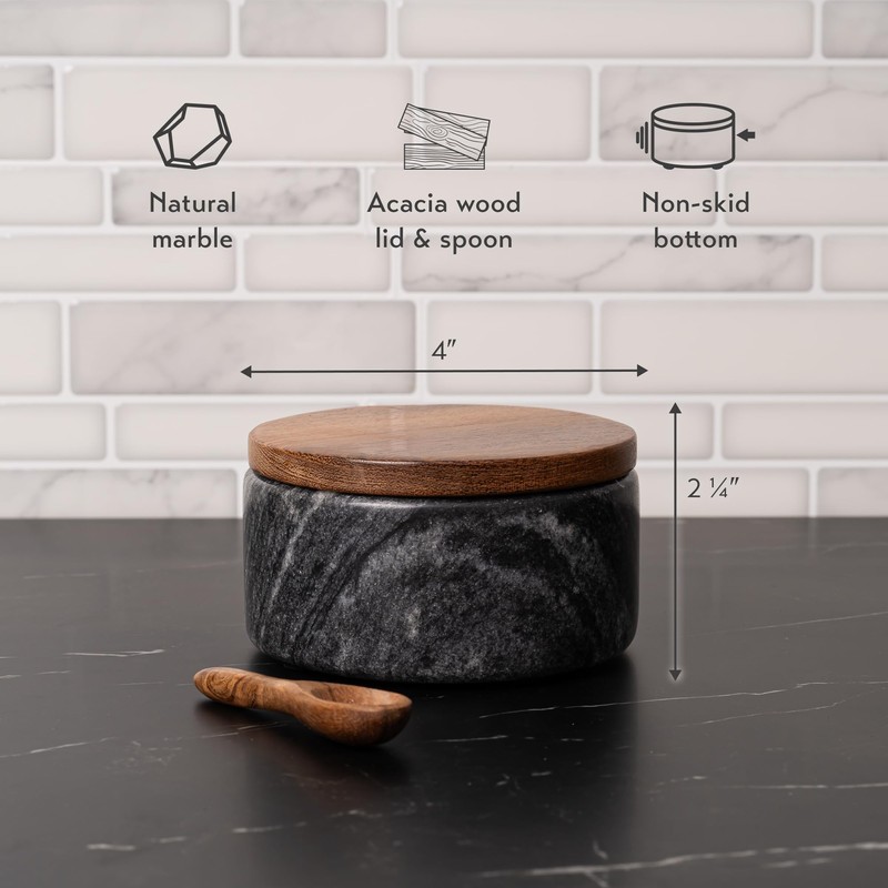 Cork & Mill Grey Marble Salt Cellar with Acacia Wood