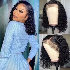 TQPQHQT Real Hair Wig, Human Hair Wigs for Black Women, Bob Wig, Black Colour, Water Wave Lace Wig with Baby Hair, 4 x 4 Swiss Lace Closure Wigs, Brazilian Hair Wigs, 12 Inches (3