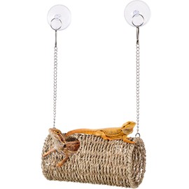 CroBlissful Reptile Hide Cave Hollow Cave Hideout with 2 Pcs Suction Cup and Chains Gecko Hide Reptile Tank Decor Seagrass Fiber Climbing Toys for Lizard Snakes Hermit Crabs(Long Cylindrical)