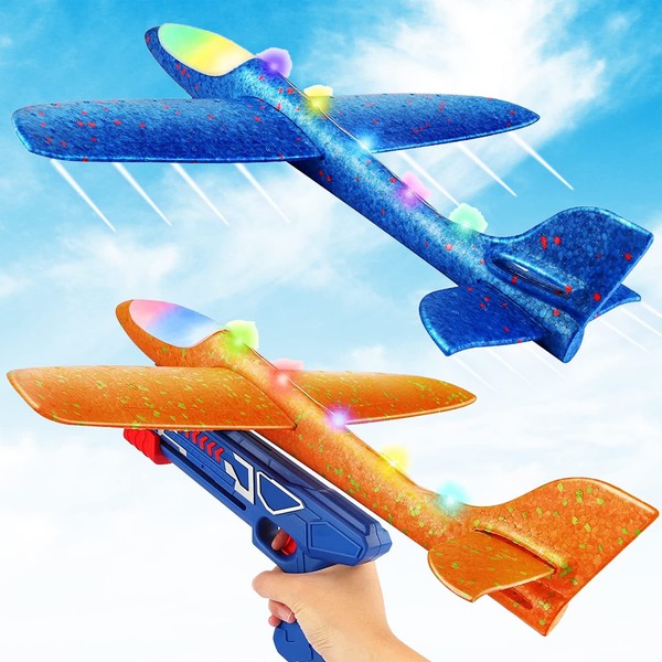 ROJAJIS 17.5" Large Airplane Toys Launcher Set, LED Foam Glider, Catapult Plane Toys for Boys 2 Flight Modes Outdoor Flying Toy for Boys Birthday Gifts for Girls Boys 13 12 11 10 9 8 7 6 5 4 Year Old