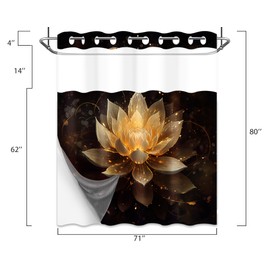 Lotus Hookless Shower Curtain with Snap in Liner, Black and Gold Spa Zen Spiritual Golden Floral No Hook Double Layer Shower Curtain and Liner Set, Waterproof Cloth Fabric, 71" W X 80" L