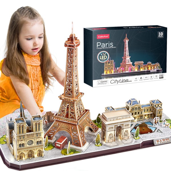 CubicFun 3D Puzzle Paris, France LED CityLine Eiffel Tower, Notre Dame de Paris, Louvre, Arc de Triomphe Decoration Kits and Souvenir Gift, 115 Pieces