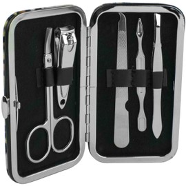 5-Piece Manicure Grooming Kit Set in Leopard Print Travel Case (Clipper, Scissor, Double-Sided Push Stick, Nail File, Tweezers)