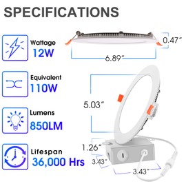 Slim LED Recessed Lighting, 6 Inch with Junction Box, 3000K Warm White Canless Downlight, 12W=110W Eqv, Dimmable LED Ceiling Lights, 850LM, ETL Certified, 6 Pack