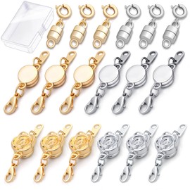 18 Pcs 3 Styles Magnetic Necklace Clasps and Closures, Rose Round Cylindrical Jewelry Magnetic Clasp Connector Locking Magnetic Clasp Bracelet Extender for Jewelry Making (Gold, Silver)