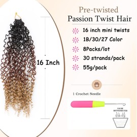 XGY Hair 16 Inch Pre-twisted Yanky Twist Crochet Hair with Curly Ends 8 Packs Fluffy Passion Twist Synthetic Braids 3 Tone Pre-looped Senegalese Twist Hair Hair for Women (1B/30/27#)