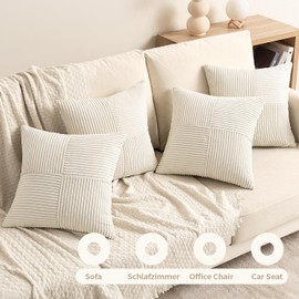 EMEMA Corduroy Cushion Cover, Set of 4, Patchwork Cushion Covers, Decorative Cushion Cover, Sofa Cushion, Corduroy Decorative Cushion for Sofa, Armchair, Home, Bedroom, Beige