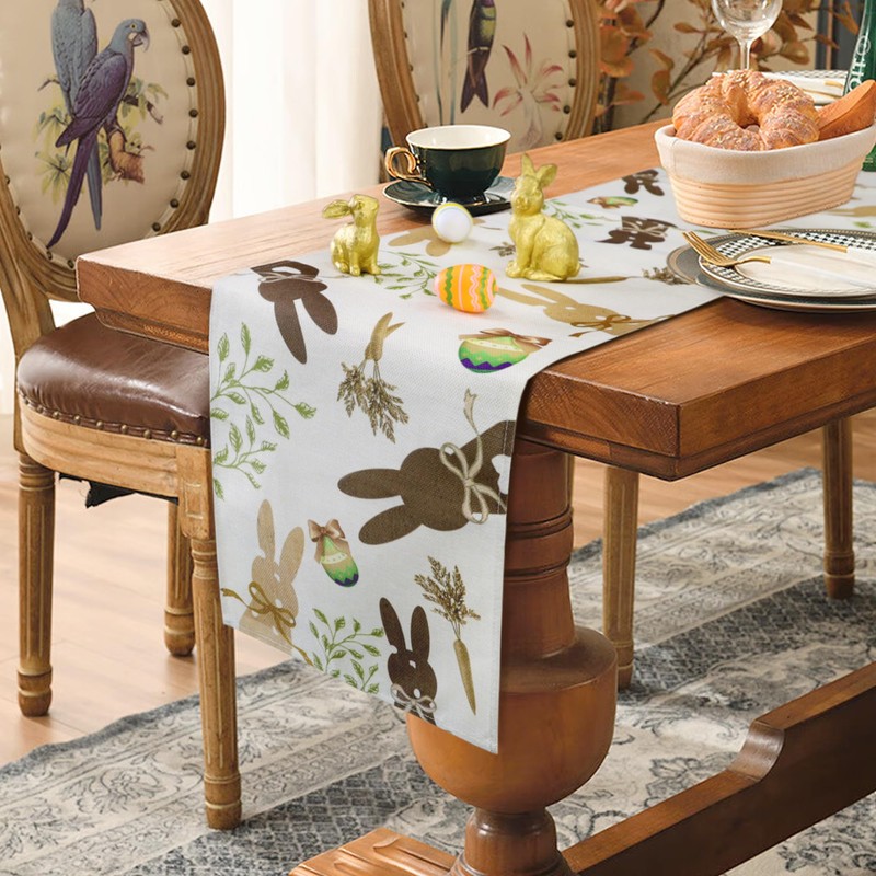QINJIEJIE Table Runner Easter Linen Easter Rabbit Easter Egg Washable