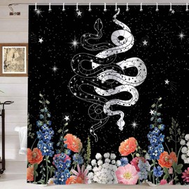 Namdeva Funny Black and White Snake Shower Curtain, Starry Sky Star Colorful Wildflower Floral Green Plant Mysterious Gothic Witchy Bathroom Decor, Waterproof Fabric Black Shower Curtain, 72 X 72 Inch