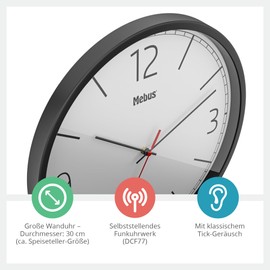 Mebus Modern Radio-Controlled Wall Clock, Precise Radio-Controlled Clock, Black/Grey, 30 cm Diameter