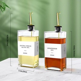 YTDTKJ 2 Pcs 500ml Oil and Vinegar Dispenser Bottle, sauce and vinegar Bottle with Gold Spout, Glass Cooking Oil Dispenser Set for Home Kitchen Hotel Restaurant, Including 32 Stickers & Funnel