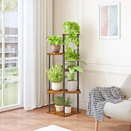 JEPRECO Plant Stand Indoor 5-Tier Metal Wood Plant Shelf for Multiple Flower Pots Corner Tall Flower Holders for Living Room Balcony Bedroom, Brown